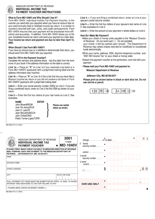 Form Mo-1040v - Individual Income Tax Payment Voucher - 2001 Printable pdf