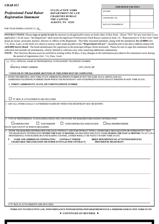Form Char 013 - Professional Fund Raiser Registration Statement - 2001 Printable pdf