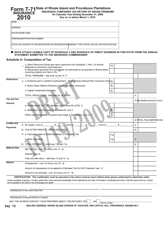 Form T-71 Draft - Insurance Companies Tax Return Of Gross Premiums - 2010 Printable pdf