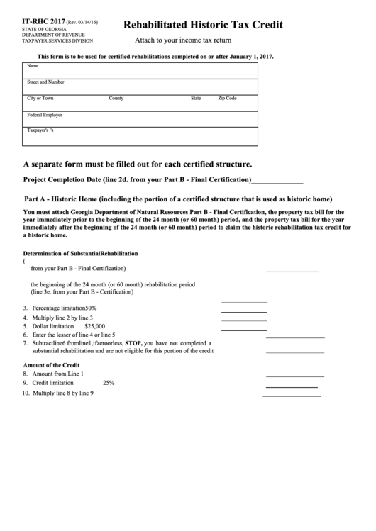 Fillable Form It-Rhc - Rehabilitated Historic Tax Credit - 2017 Printable pdf