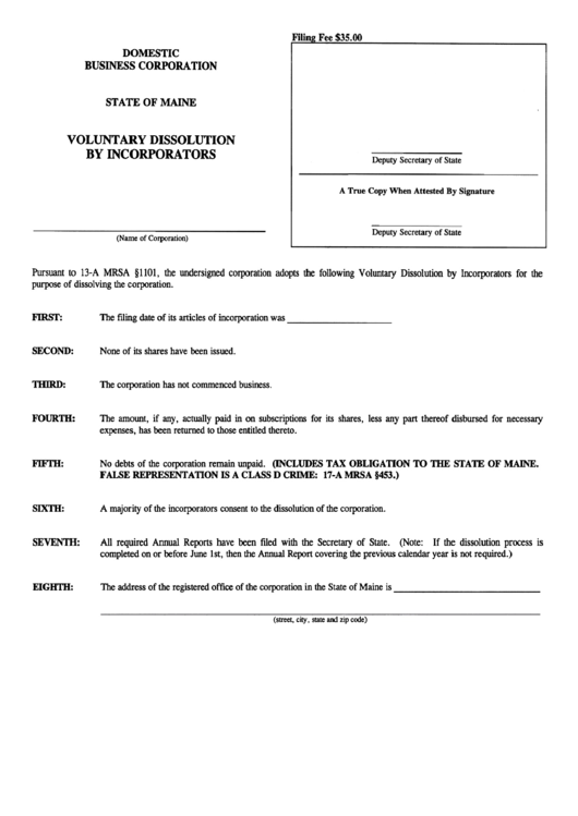 Form Mbca-11e - Voluntary Dissolution By Incorporators For Domestic Business Corporation - Maine Secretary Of State Printable pdf