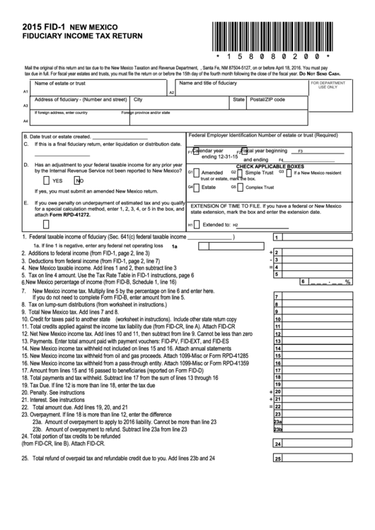 Form Fid-1 - New Mexico Fiduciary Income Tax Return - 2015 Printable pdf