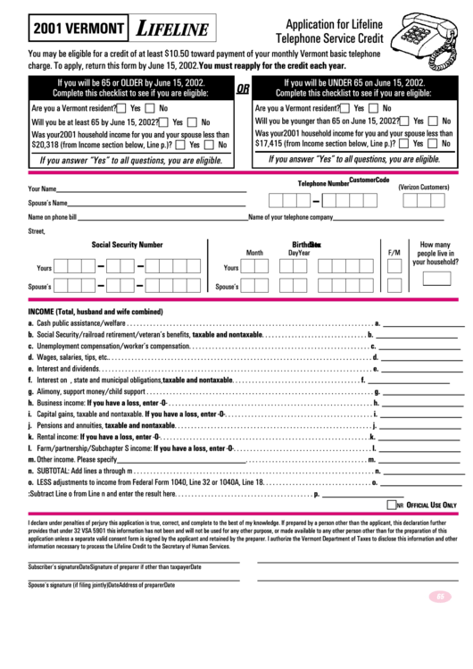 Form Application For Lifeline Telephone Service Credit - Vermont - 2001 Printable pdf