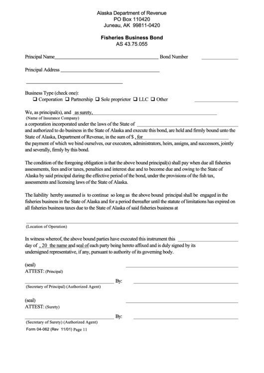 Form 04-062 - Fisheries Business Bond - Alaska Department Of Revenue Printable pdf