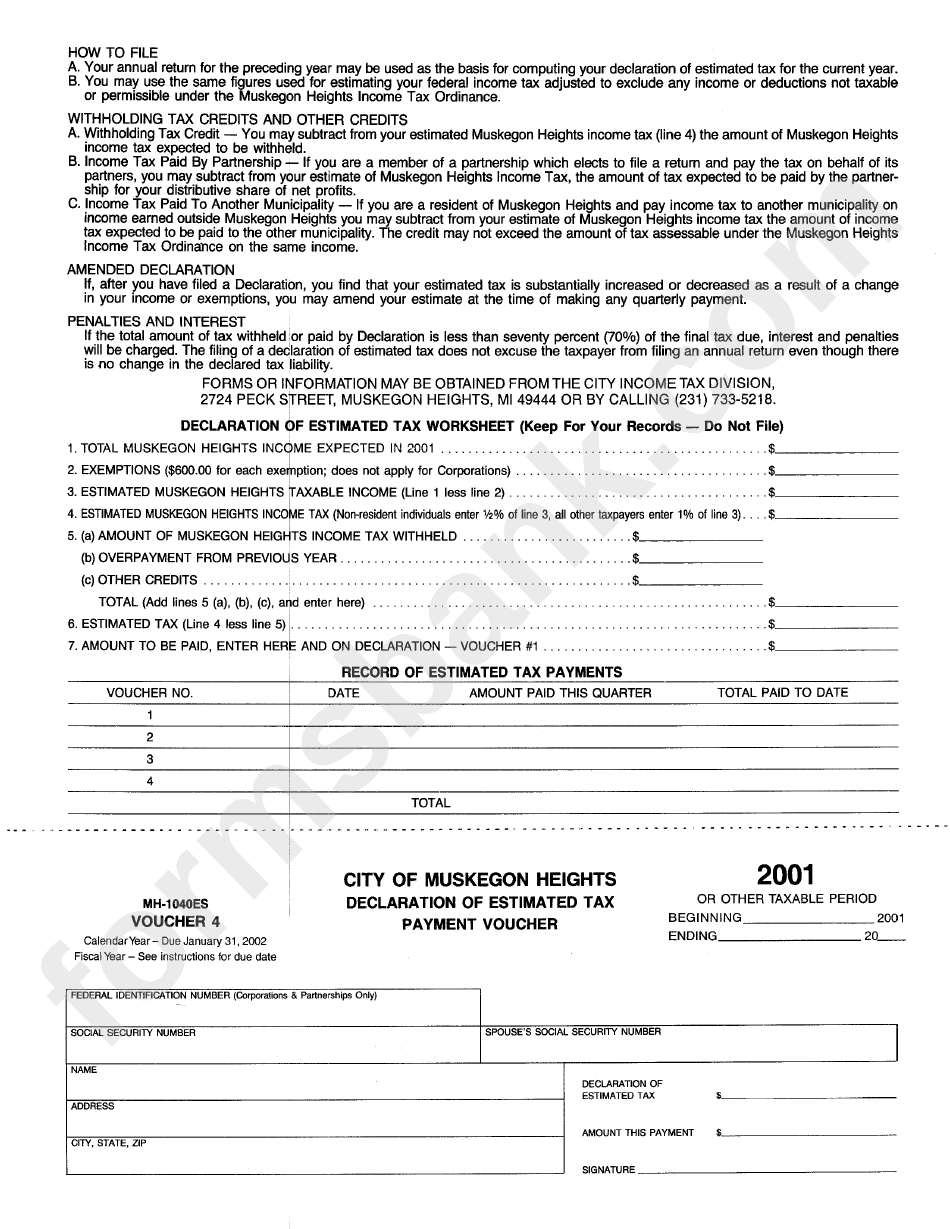 Form Mh-1040es - Declaration Of Estimated Tax - City Of Muskegon Heights - 2001