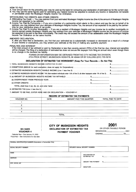 Fillable Form Mh-1040es - Declaration Of Estimated Tax - City Of Muskegon Heights - 2001 Printable pdf