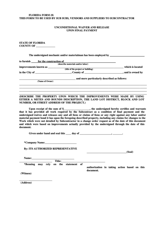 Florida Form 8 - Unconditional Waiver And Release Upon Final Payment Printable pdf