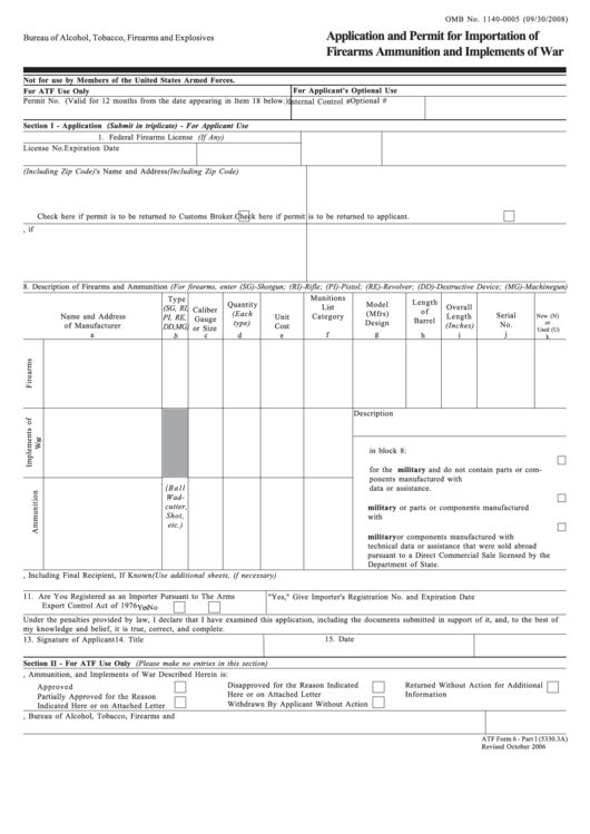 Fillable Atf Form 6 Part I (5330.3a) - Application And Permit For Importation Of Firearms Ammunition And Implements Of War - 2006 Printable pdf