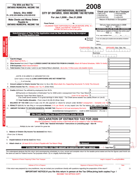 Income Tax Return - City Of Ontario - State Of Ohio - 2008 Printable pdf