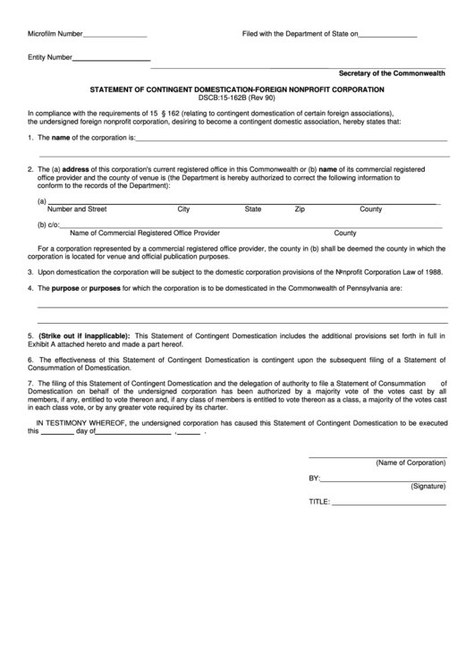 Form Dscb:15-162b - Statement Of Contingent Domestication-Foreign Nonprofit Corporation Printable pdf