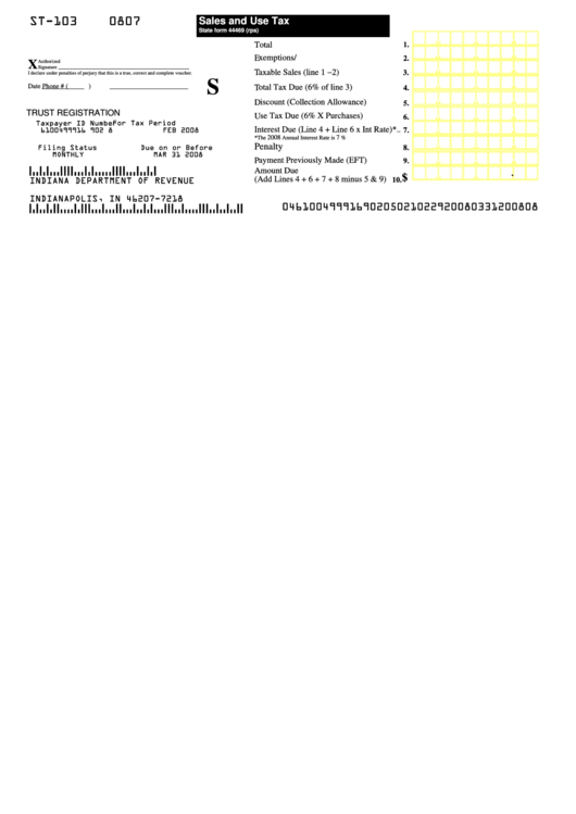 State Form 44469 - Sales And Use Tax - Indiana Department Of Revenue Printable pdf