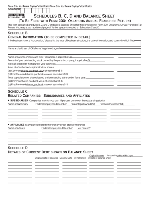 Form 203 Sch - Schedules B, C, D And Balance Sheet - 1999 Printable pdf
