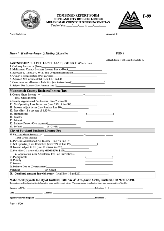 Form P-99 - Combined Report Form - Portland City Business License Multnomah County Business Income Tax Printable pdf