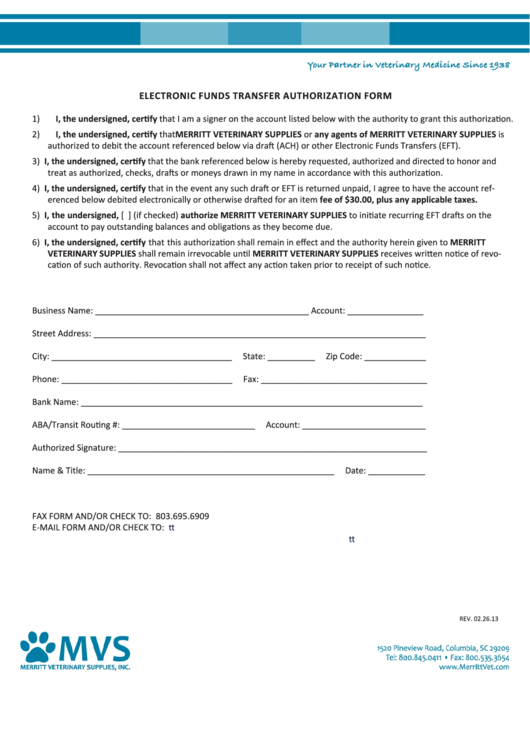 Electronic Funds Transfer Authorization Form Printable pdf