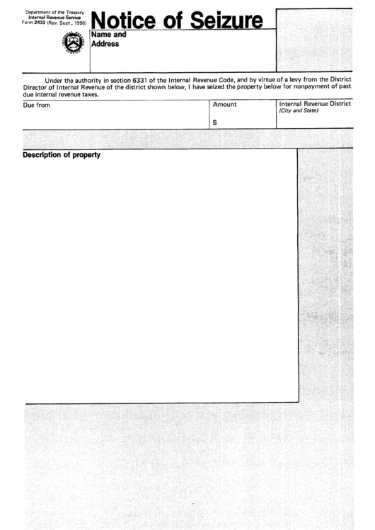 Form 2433 - Notice Of Seizure Printable pdf