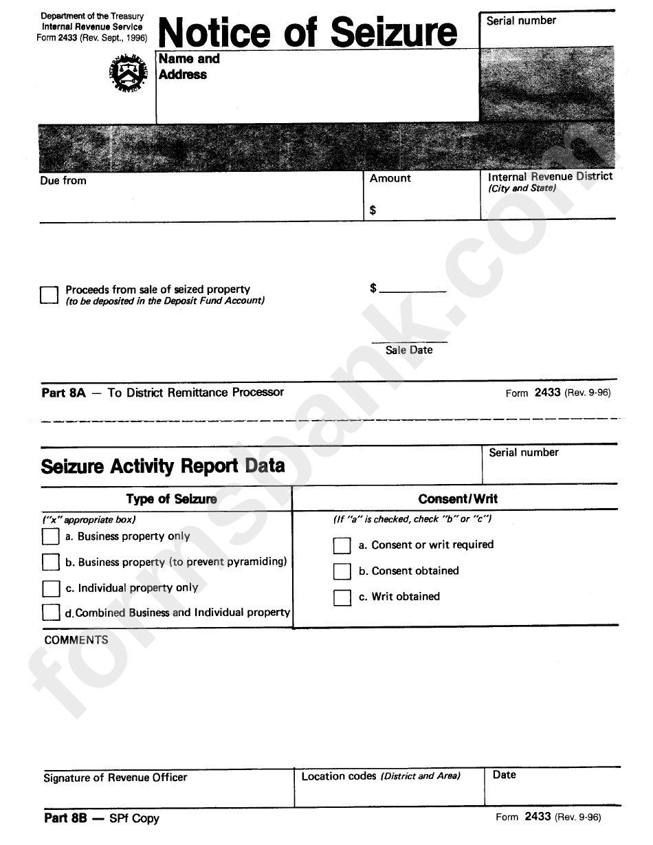 Form 2433 - Notice Of Seizure