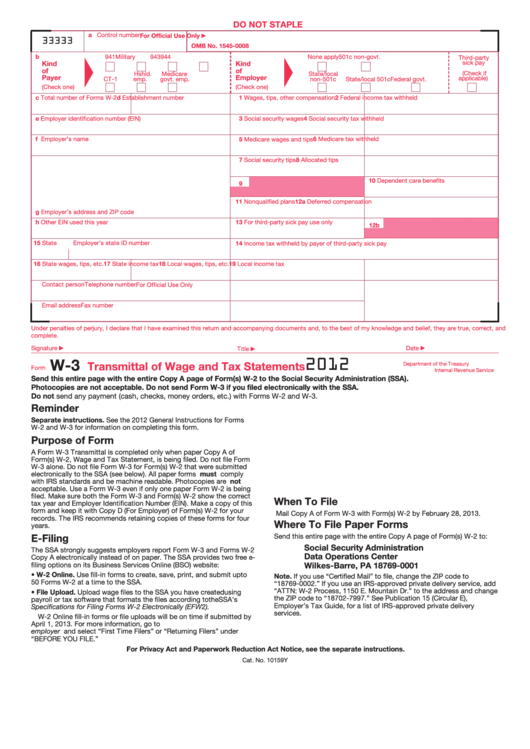 Form W-3 - Transmittal Of Wage And Tax Statements - 2012 Printable pdf