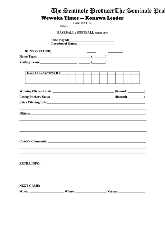 Baseball / Softball Result Spreadsheet Printable pdf