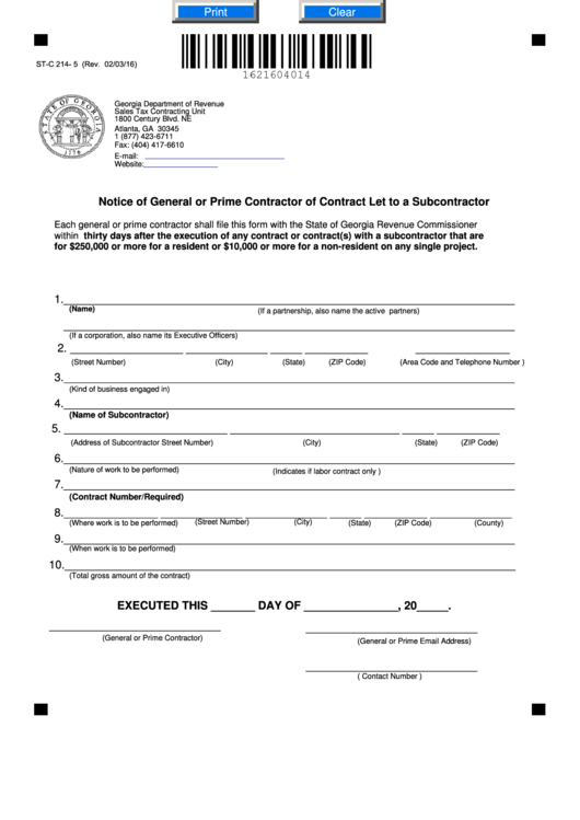 Fillable Form St-C 214- 5 - Notice Of General Or Prime Contractor Of Contract Let To A Subcontractor - 2016 Printable pdf