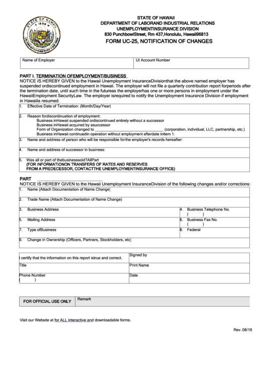 Fillable Form Uc-25 - Notification Of Changes - 2016 Printable pdf