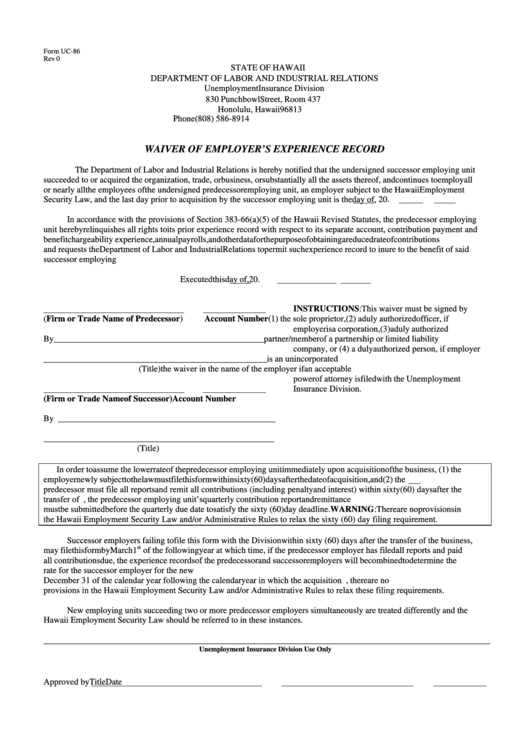 Form Uc-86 - Waiver Of Employer