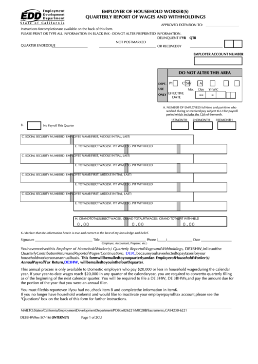 Fillable Form De 3bhw - Employer Of Household Workers(S) Quarterly Report Of Wages And Withholdings Printable pdf