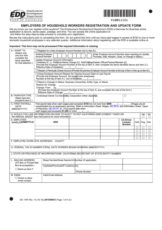 Fillable Form De 1hw - Employers Of Household Workers Registration And Update Form - 2016 Printable pdf