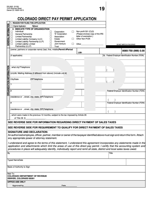 Form Dr 0002 - Colorado Direct Pay Permit Application - 2000 Printable pdf