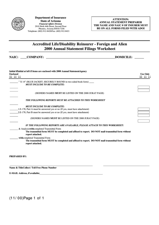 Form E-Arld.as - Accredited Life/disability Reinsurer (Foreign And Alien) - Annual Statement Filings Worksheet - 2000 Printable pdf
