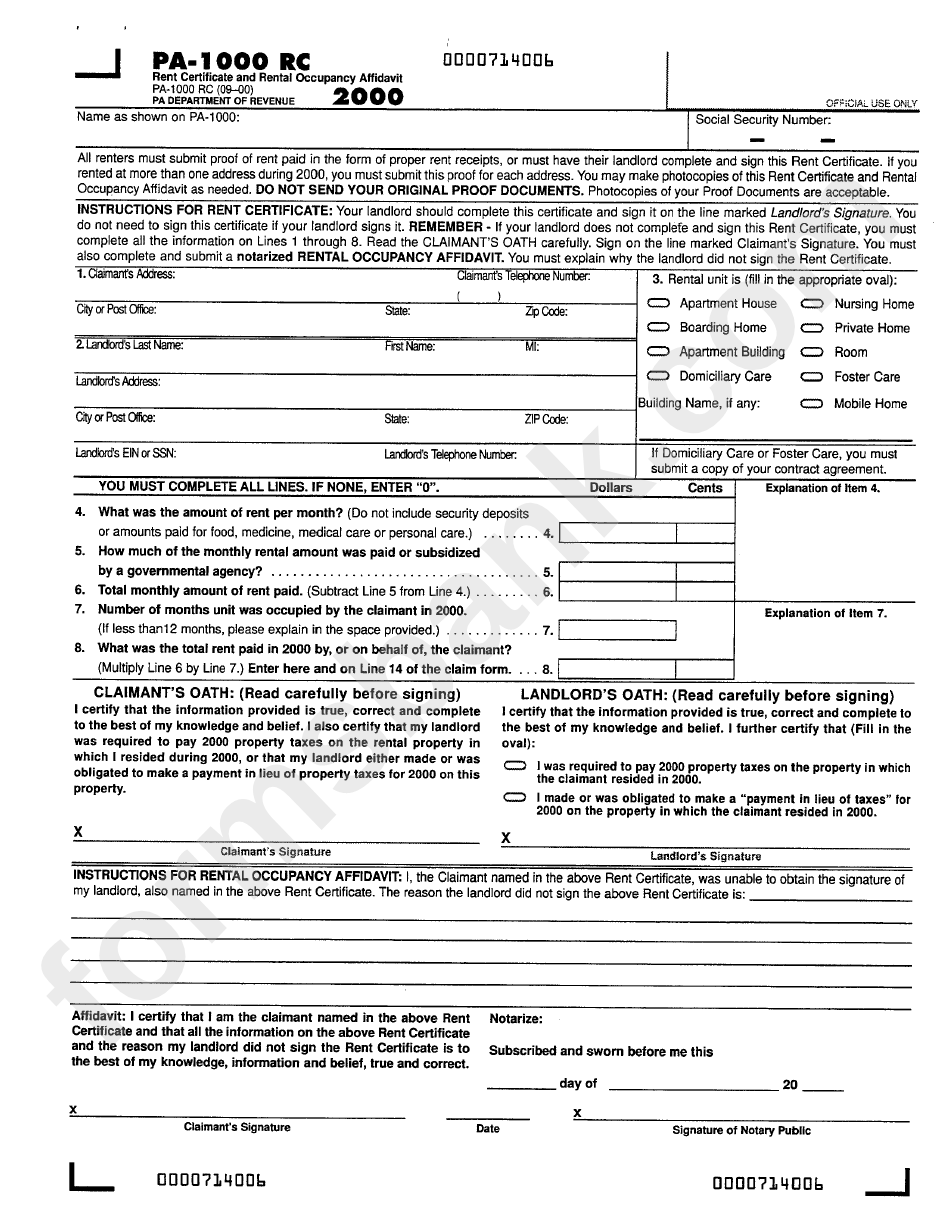 Form Pa 1000 Rc Rent Certificate And Rental Occupancy Affidavit