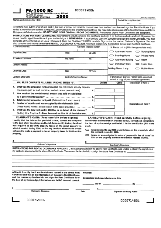 Form Pa-1000 Rc - Rent Certificate And Rental Occupancy Affidavit - 2000 Printable pdf