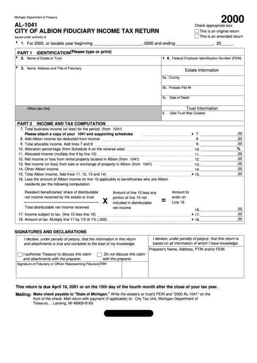 Form Al-1041 - City Of Albion Fiduciary Income Tax Return - 2000 Printable pdf