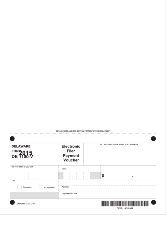Form De 1100-V - Electronic Filer Payment Voucher - 2015 Printable pdf
