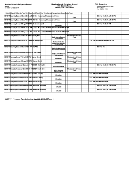Master Schedule Spreadsheet Printable pdf