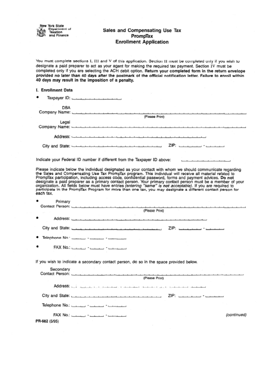 Fillable Form Pr-682 - Sales And Compensating Use Tax - Promptax Enrollment Application Printable pdf