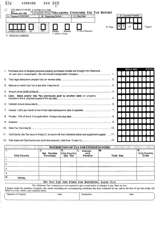 Form 21-1 - Oklahoma Consumer Use Tax Report Printable pdf