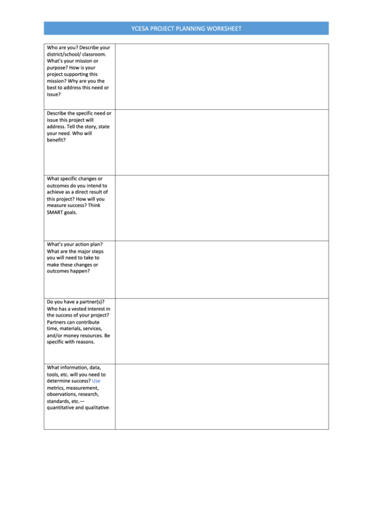 Ycesa Project Planning Worksheet Printable pdf