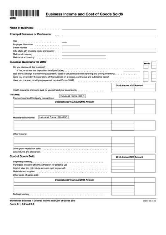Forms C-1, C-2 And C-3 - Business Income And Cost Of Goods Sold - 2016 Printable pdf