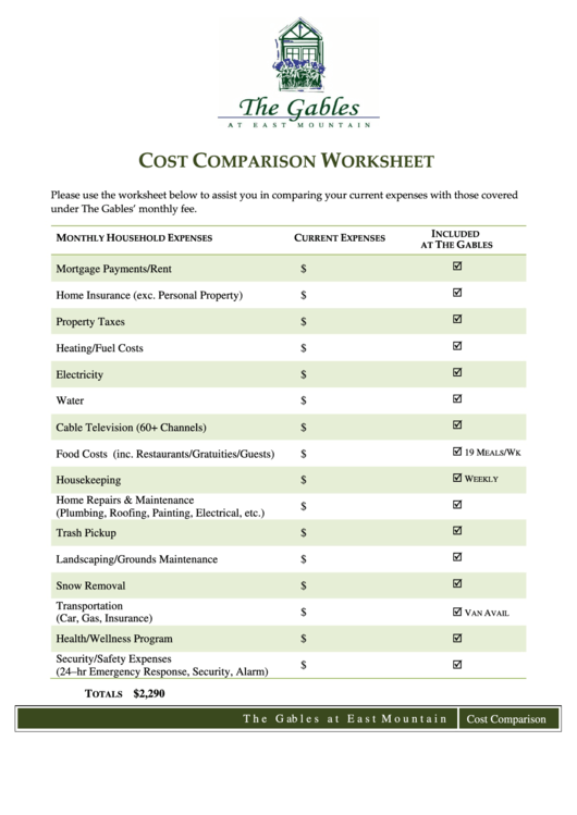 Cost Comparison Worksheet