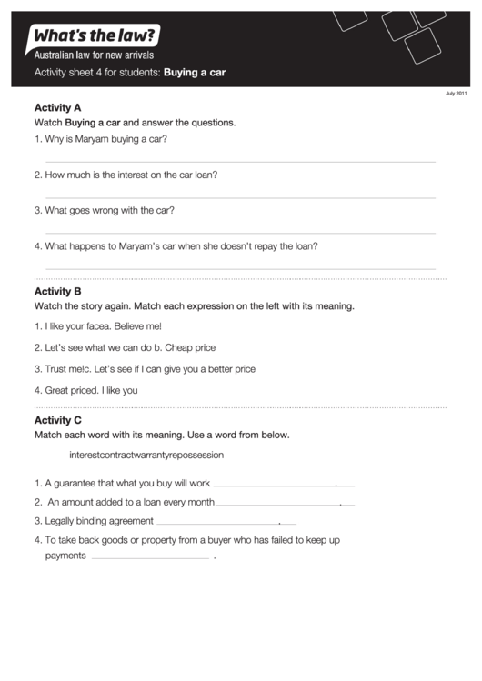 Activity Sheet 4 For Students: Buying A Car Printable pdf