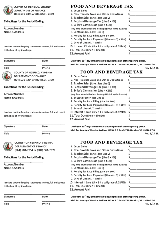 Food And Beverage Tax Form Printable pdf