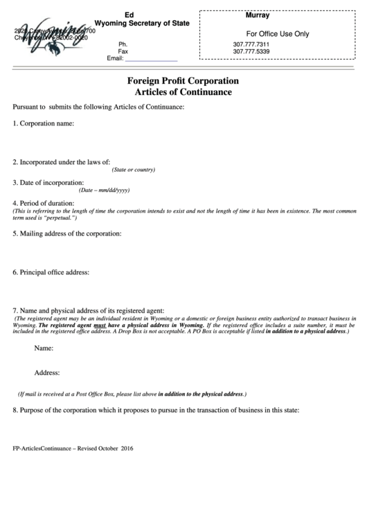 Fillable Foreign Profit Corporation Articles Of Continuance Form Printable pdf