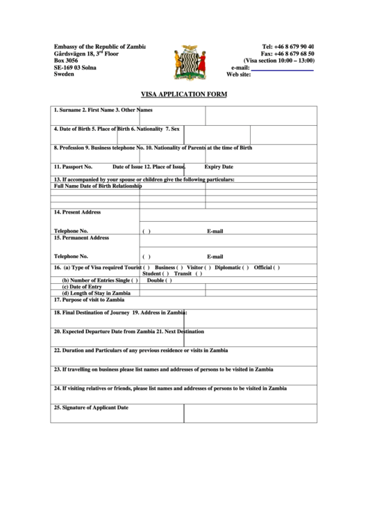 Visa Application Form Embassy Of The Republic Of Zambia Printable Pdf Download