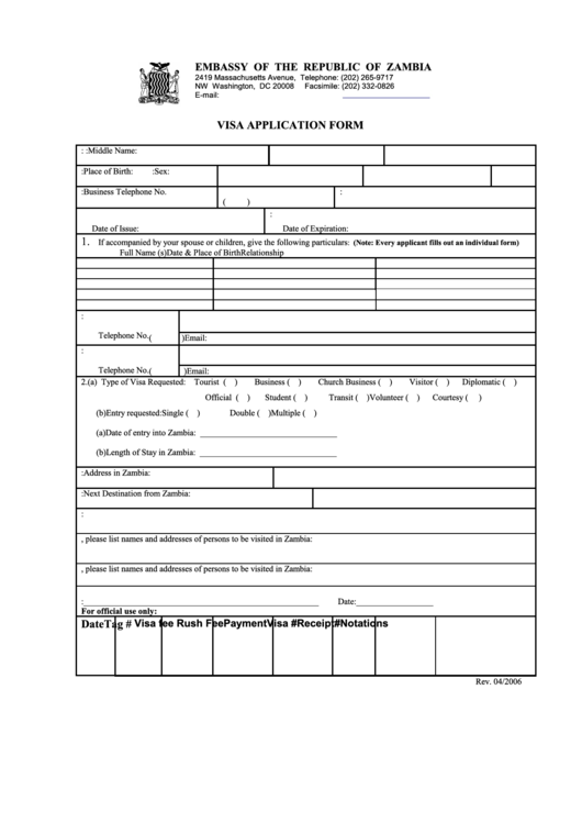 Visa Application Form - Embassy Of The Republic Of Zambia