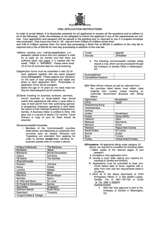 Visa Application Form Embassy Of The Republic Of Zambia Printable Pdf Download