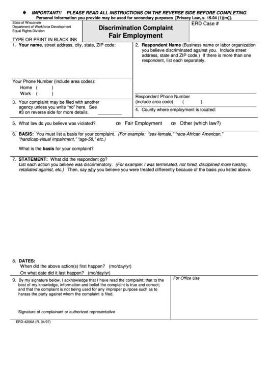 Form Erd-4206a - Discrimination Complaint Fair Employment - 1997 Printable pdf