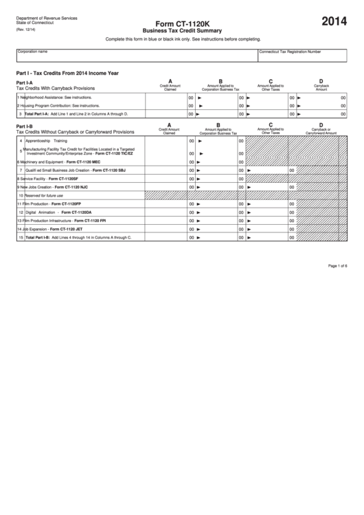 Fillable Form Ct-1120k - Business Tax Credit Summary - 2014 Printable pdf