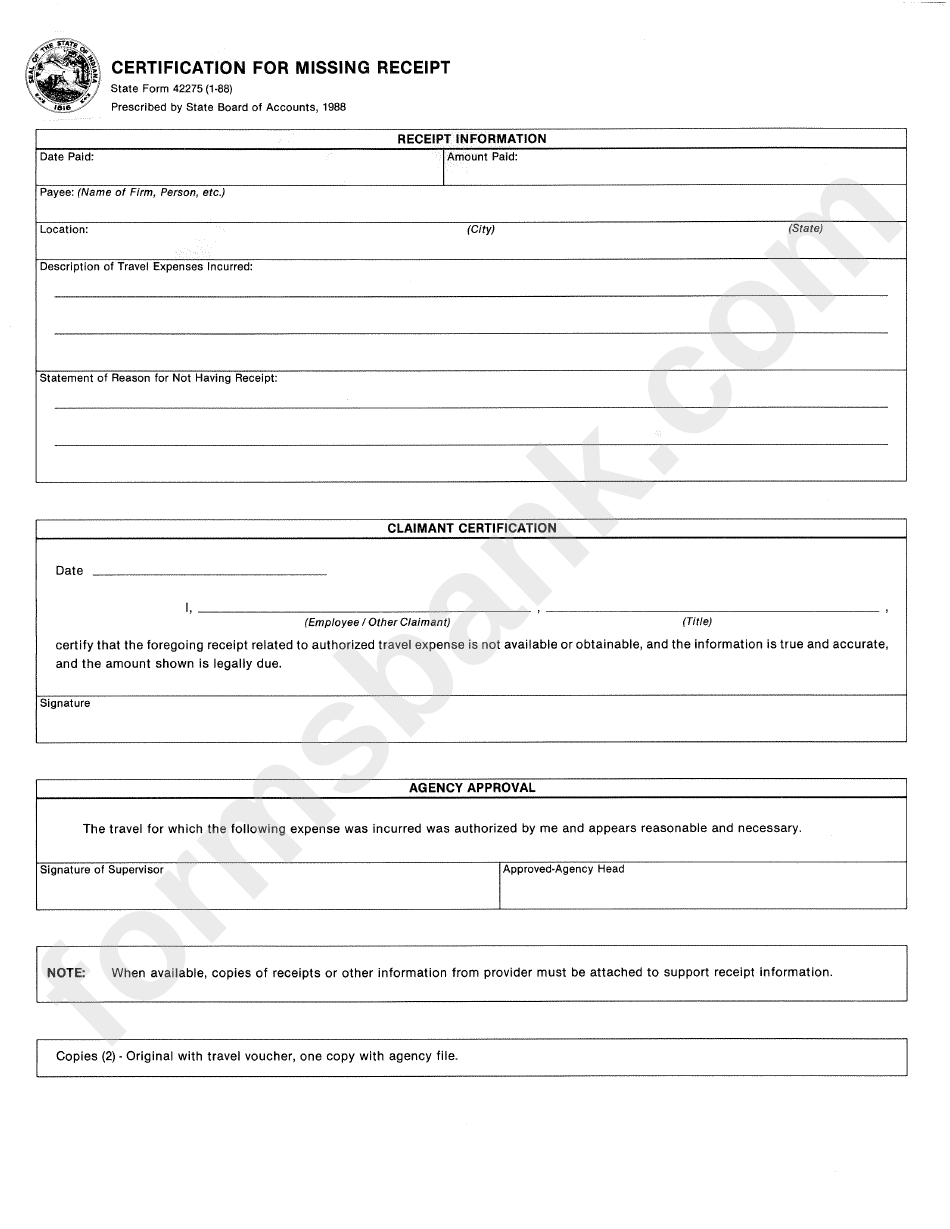 State Form 42275 - Certification For Missing Receipt