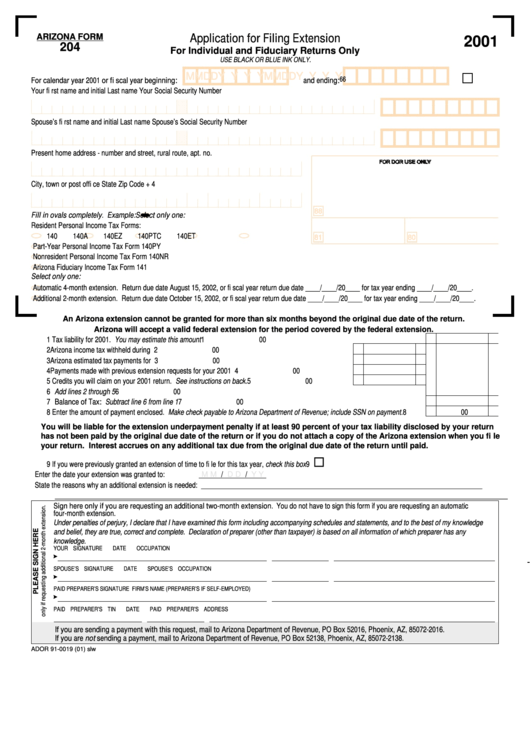 Form 204 - Application For Filing Extension For Individual And Fiduciary Returns Only - 2001 Printable pdf