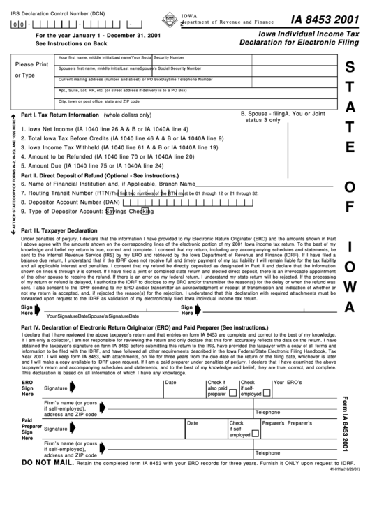 Form Ia 8453 - Iowa Individual Income Tax Declaration For Electronic Filing - 2001 Printable pdf